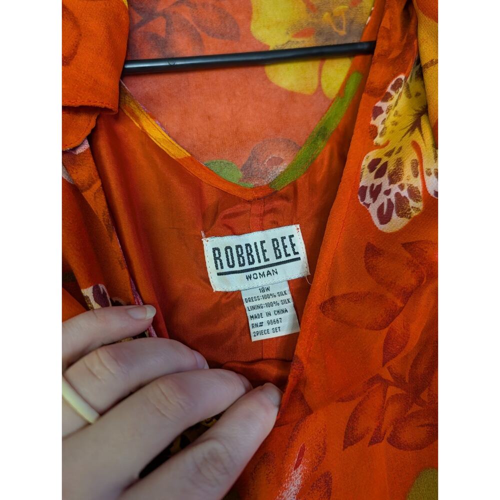 VTG Robbie Bee 100% Silk Orange Floral 2 Piece Button Jacket 18W Hawaiian Resort - Picture 3 of 8